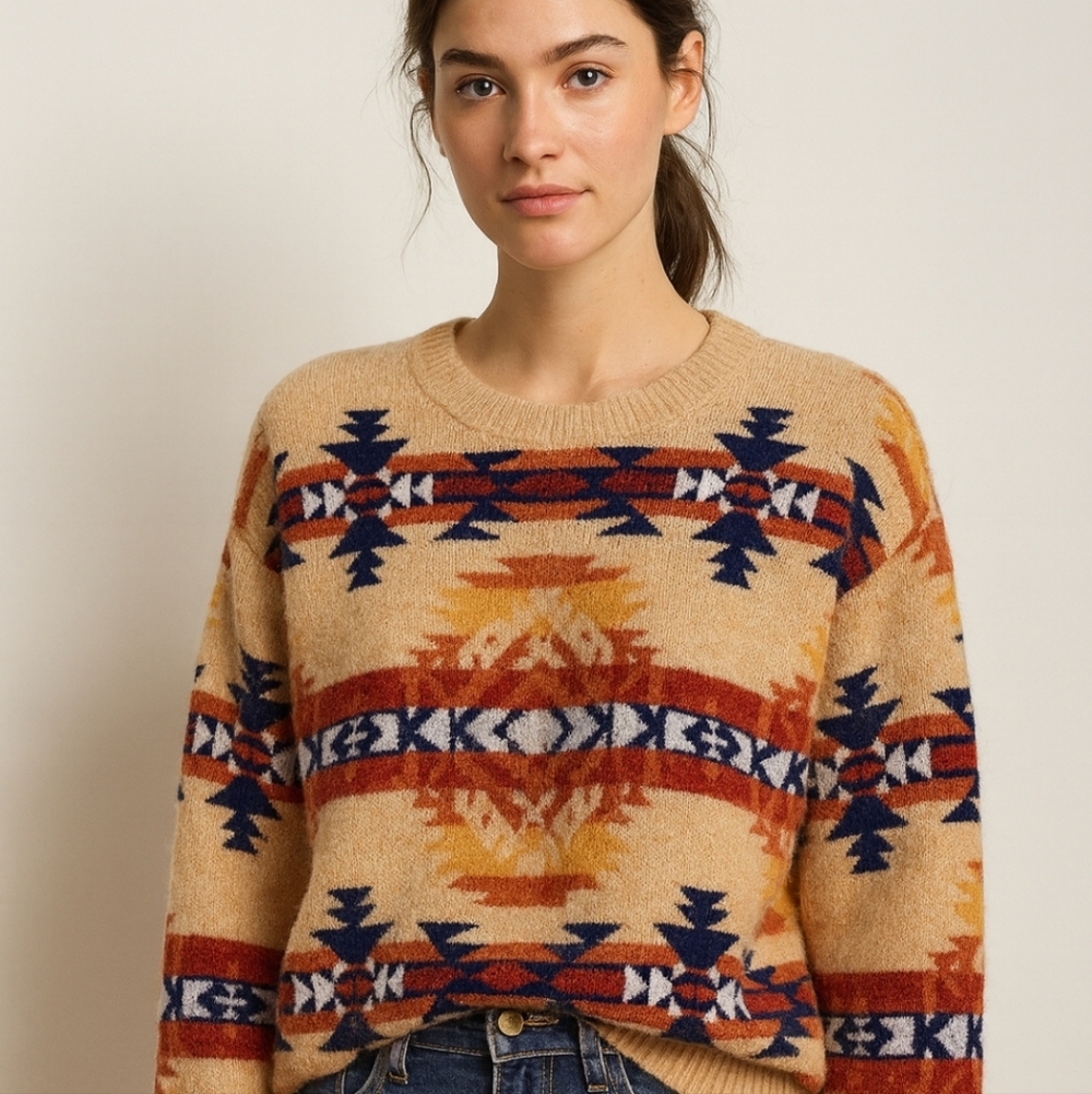 Lucky Brand Tan Aztec Pattern Crewneck Sweater with Navy & Rust Accents